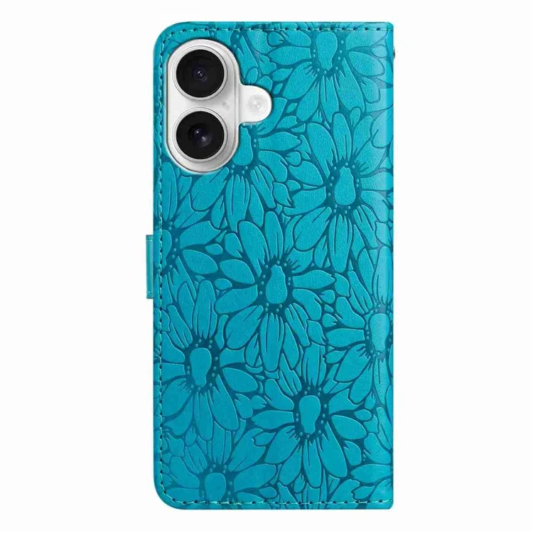 For iPhone 16 Leather Case Daisy Imprint Wallet Stand Phone Protective Cover - Baby Blue