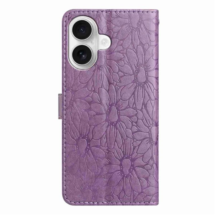 For iPhone 16 Plus Leather Case Daisy Imprint Wallet Stand Phone Protective Cover - Light Purple