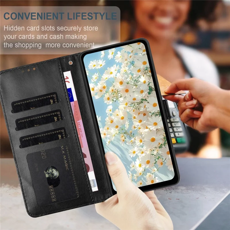 For iPhone 15 Leather Case Daisy Imprint Wallet Stand Phone Protective Cover - Black