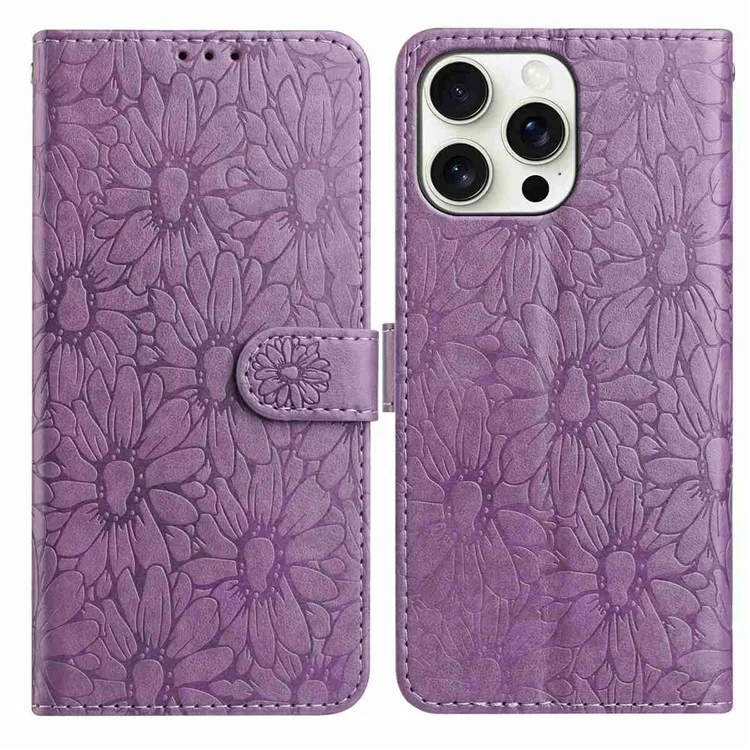 Für iPhone 15 Pro Lederhülle mit Gänseblümchen-Prägung Brieftasche Ständer Handyhülle - Hellviolett