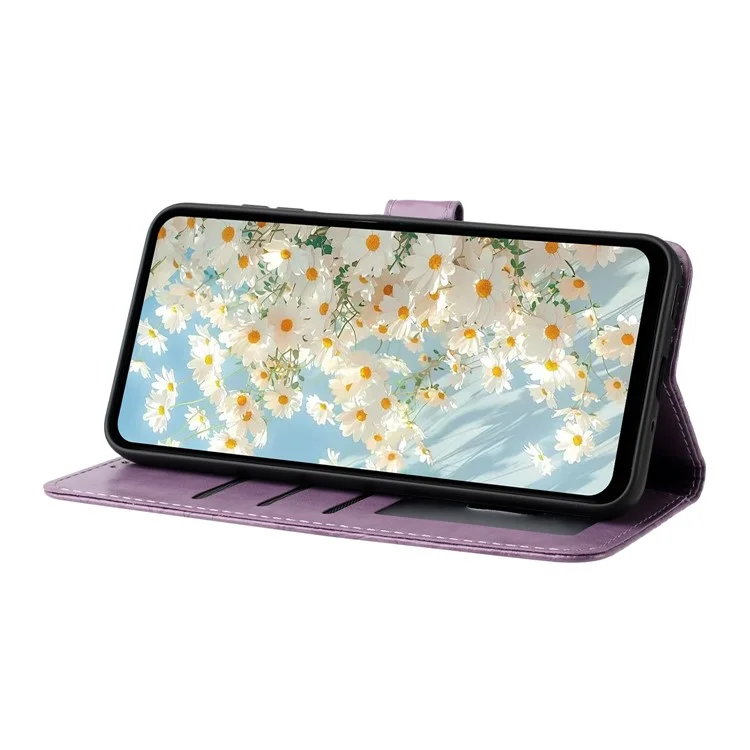 Für iPhone 15 Pro Lederhülle mit Gänseblümchen-Prägung Brieftasche Ständer Handyhülle - Hellviolett