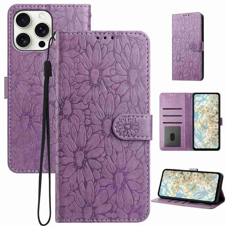 Für iPhone 15 Pro Lederhülle mit Gänseblümchen-Prägung Brieftasche Ständer Handyhülle - Hellviolett