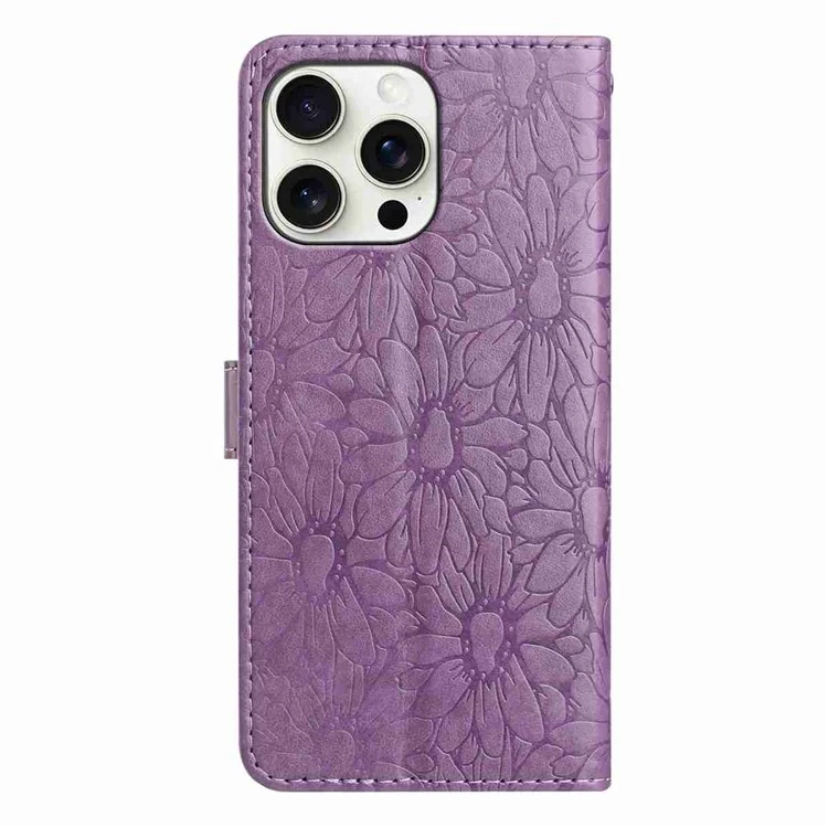 Für iPhone 15 Pro Lederhülle mit Gänseblümchen-Prägung Brieftasche Ständer Handyhülle - Hellviolett