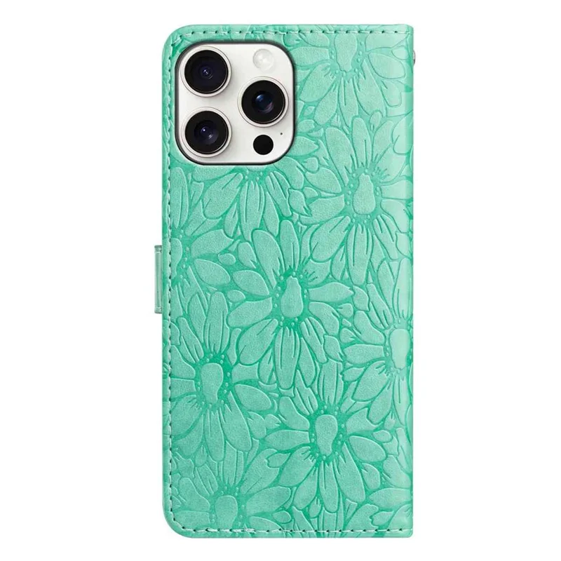 For iPhone 15 Pro Max Leather Case Daisy Imprint Wallet Stand Phone Protective Cover - Green