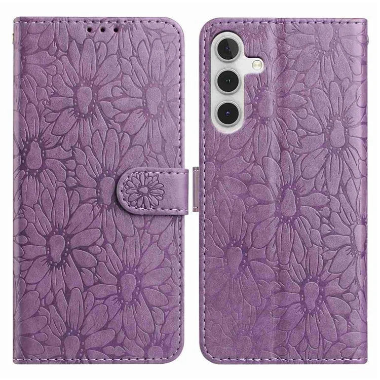 For Samsung Galaxy A56 5G Leather Case Daisy Imprint Wallet Stand Phone Protective Cover - Light Purple