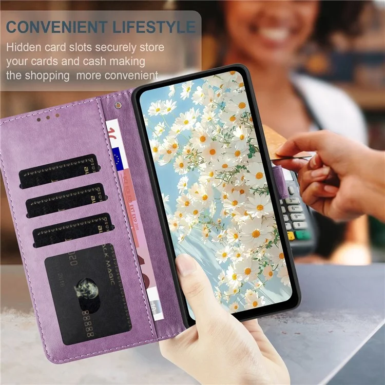 For Samsung Galaxy A56 5G Leather Case Daisy Imprint Wallet Stand Phone Protective Cover - Light Purple