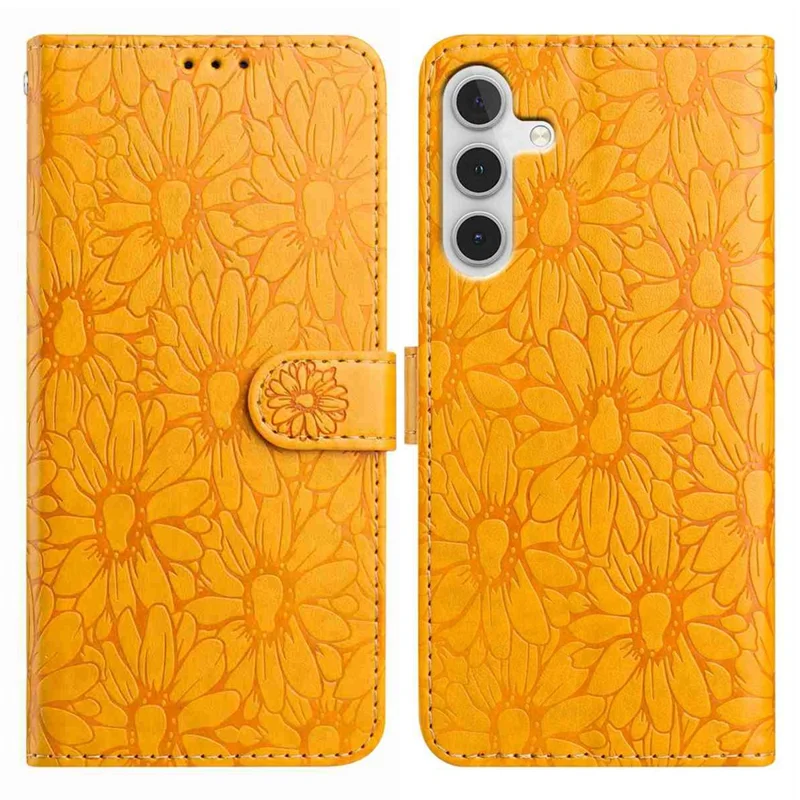 For Samsung Galaxy A55 5G Leather Case Daisy Imprint Wallet Stand Phone Protective Cover - Yellow