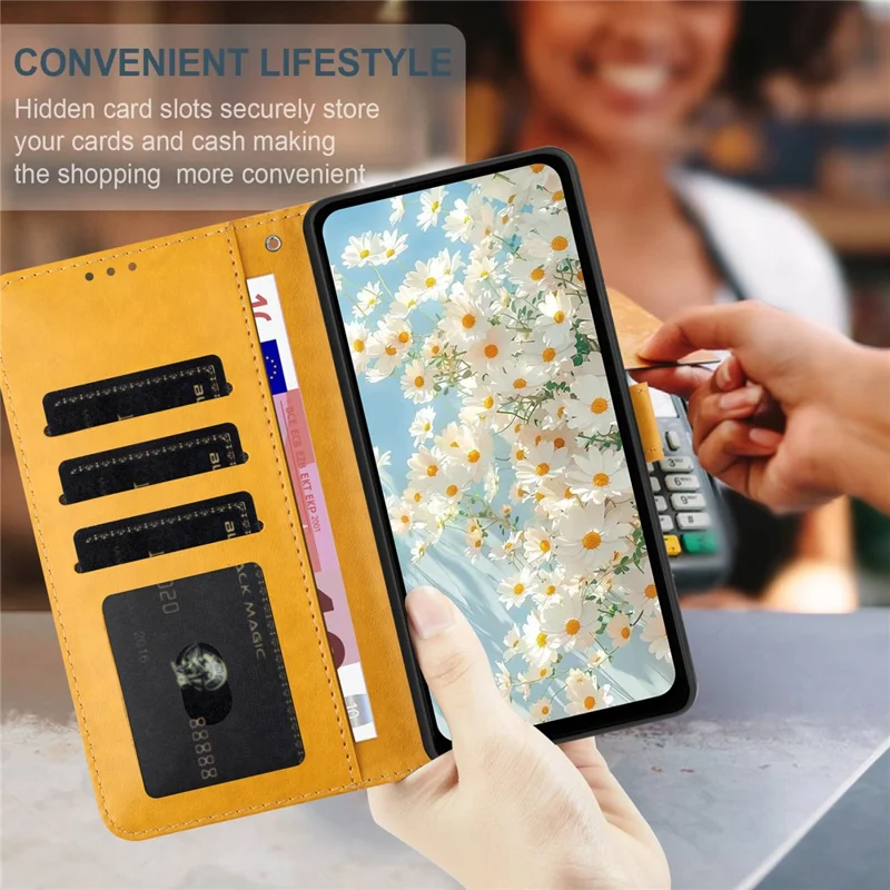 For Samsung Galaxy A55 5G Leather Case Daisy Imprint Wallet Stand Phone Protective Cover - Yellow