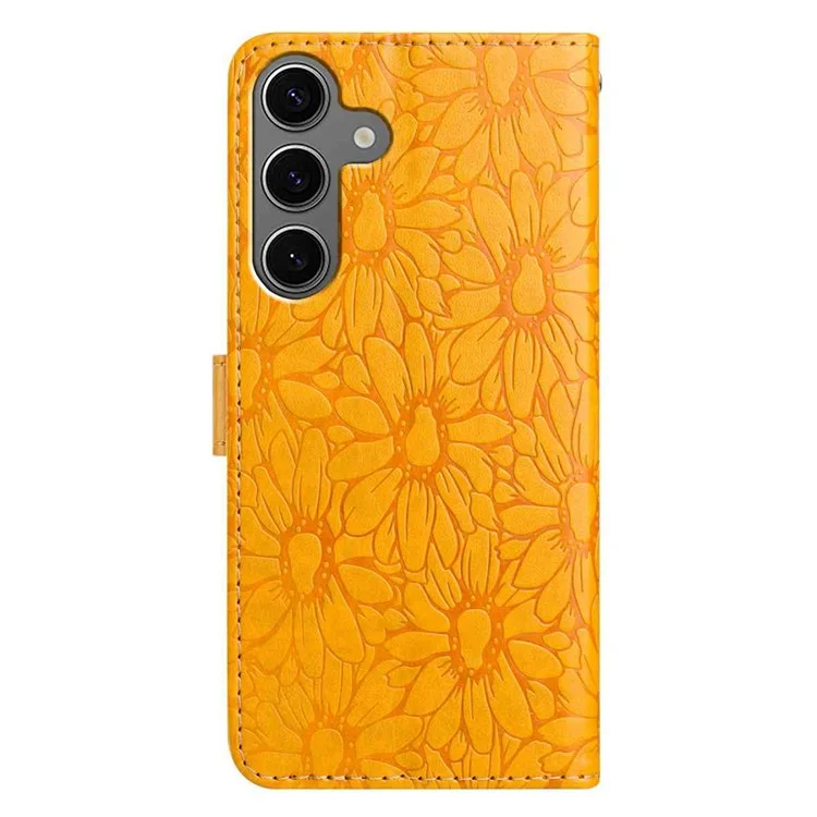Für Samsung Galaxy S25+ / S24+ Leder-Handyhülle mit Gänseblümchen-Prägung, Brieftaschenfunktion und Ständer - Gelb