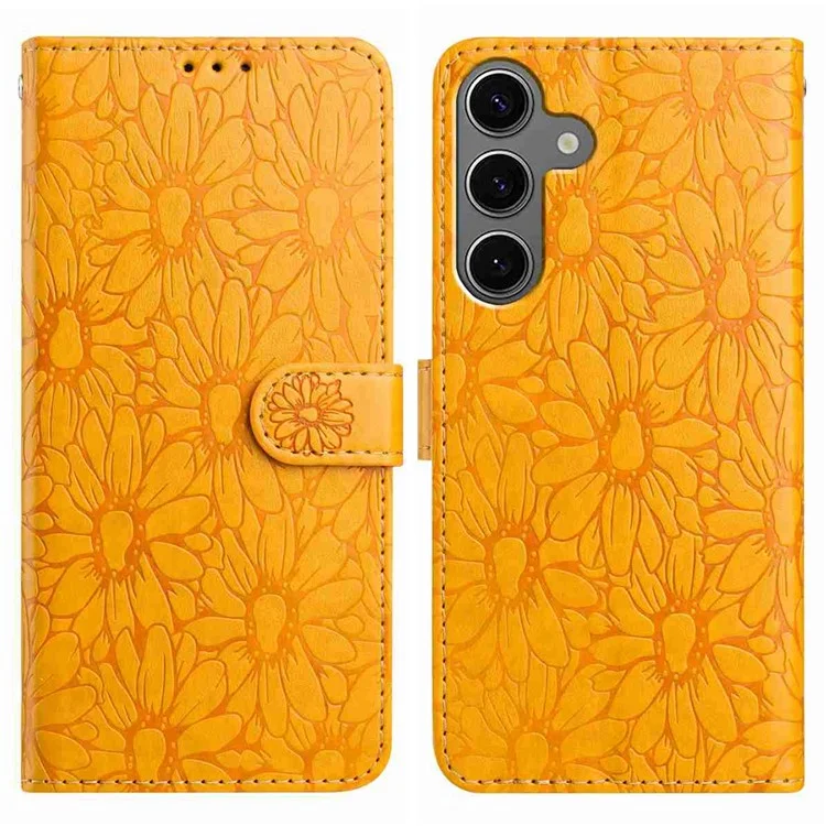Чехол для Samsung Galaxy S25 / S24 из кожи с рисунком ромашки, кошелек-подставка, защитный - Желтый