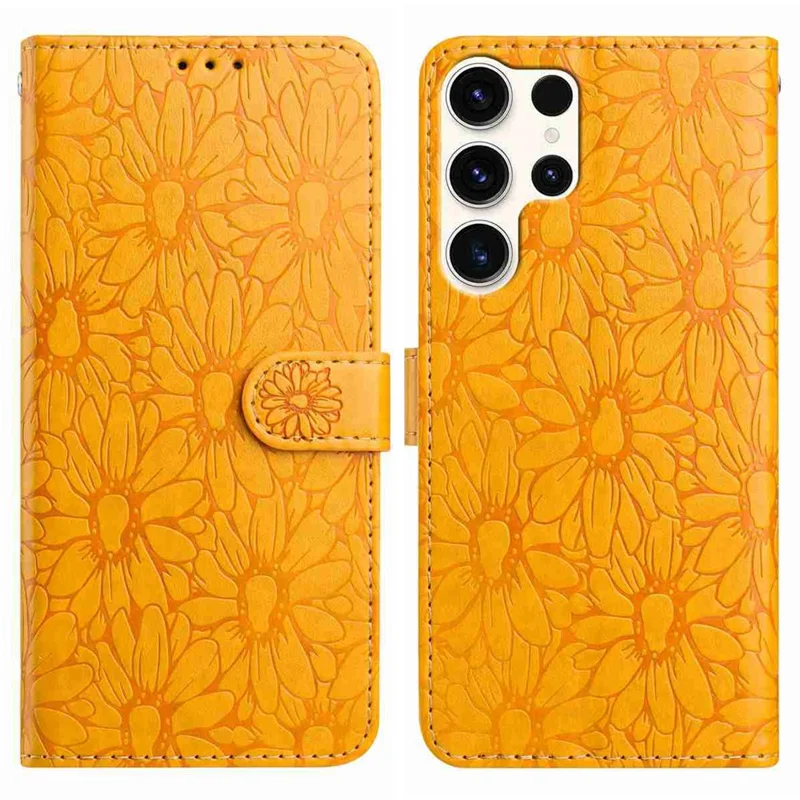 For Samsung Galaxy S24 Ultra Leather Case Daisy Imprint Wallet Stand Phone Protective Cover - Yellow