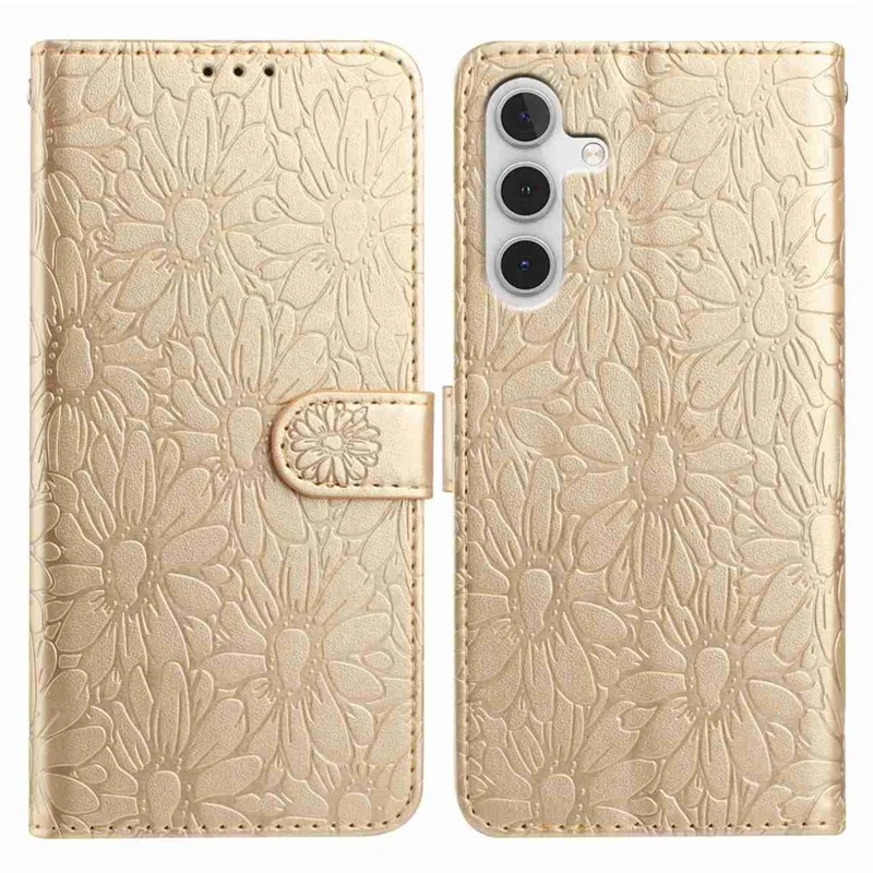 For Samsung Galaxy A17 5G / A17 4G / A26 5G Leather Case Daisy Imprint Wallet Stand Phone Protective Cover - Gold