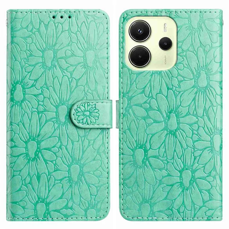 For Xiaomi Redmi Note 14 4G (164.84mm) Leather Case Daisy Imprint Wallet Stand Phone Protective Cover - Green