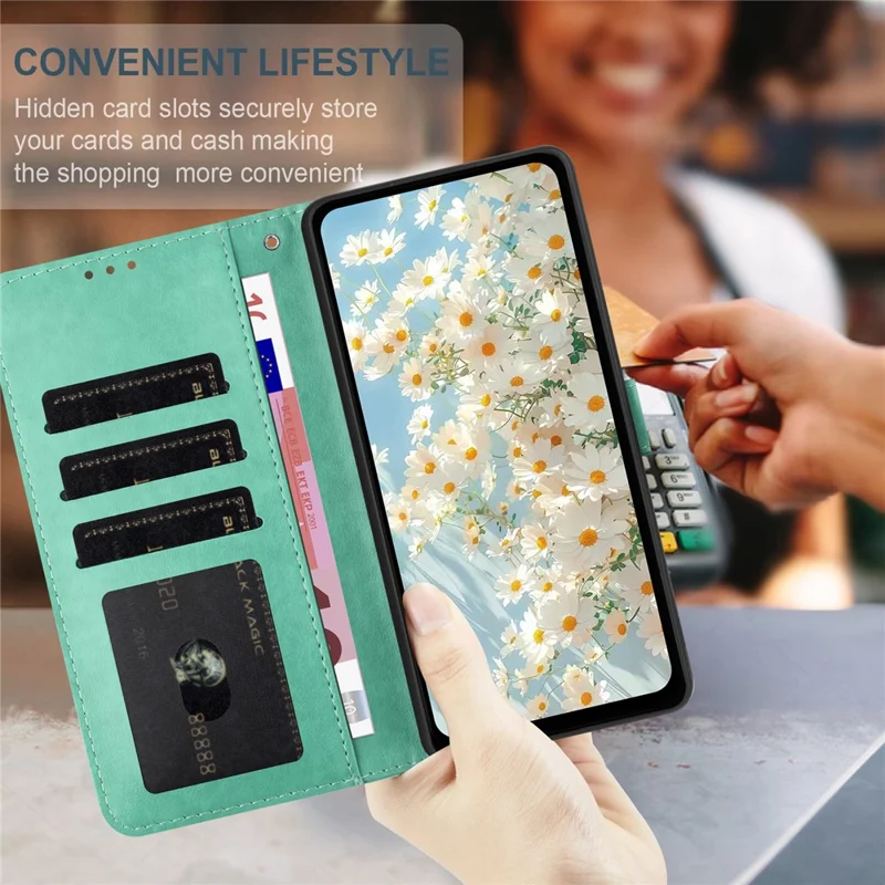 For Xiaomi Redmi Note 14 4G (164.84mm) Leather Case Daisy Imprint Wallet Stand Phone Protective Cover - Green