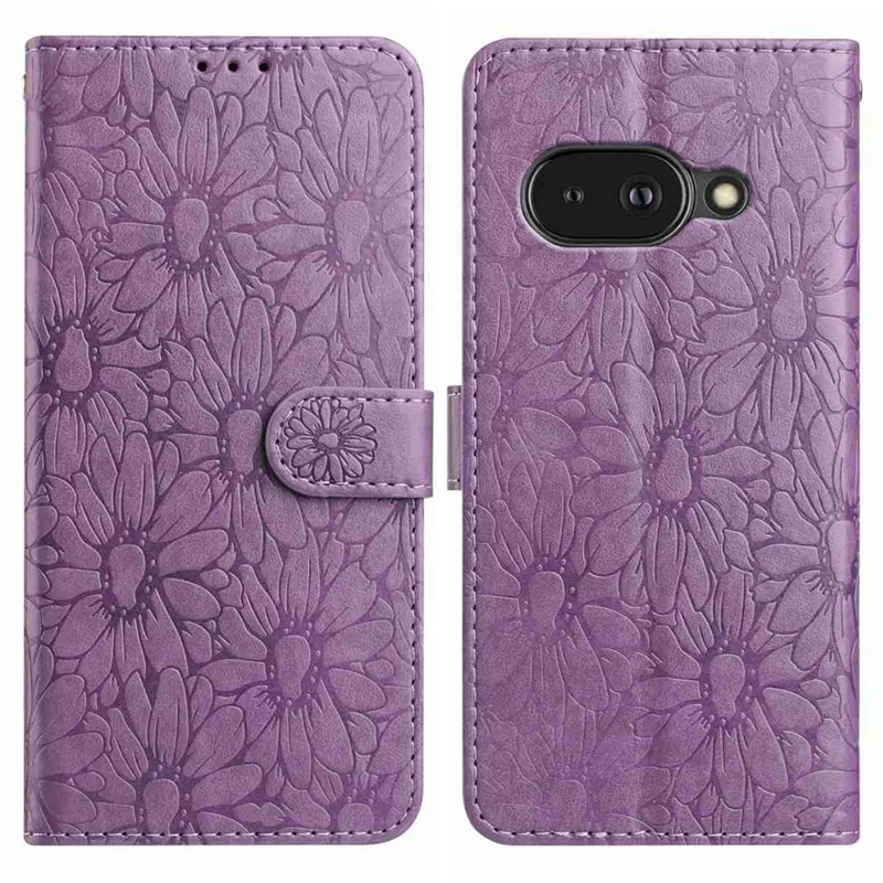 For Google Pixel 9a Leather Case Daisy Imprint Wallet Stand Phone Protective Cover - Light Purple