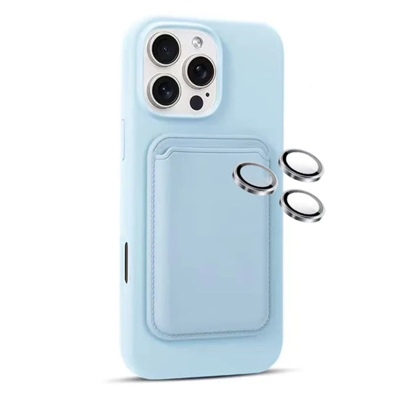 For iPhone 16 Pro Max Magnetic Case Silicone Phone Back Cover Set with Card Holder, Lens Film - Sky Blue