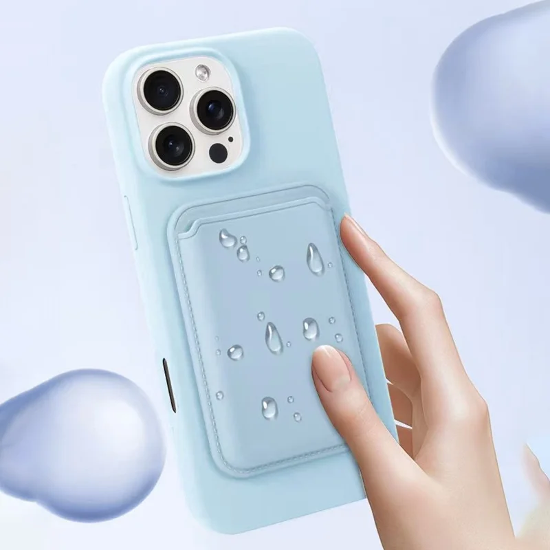 For iPhone 16 Pro Max Magnetic Case Silicone Phone Back Cover Set with Card Holder, Lens Film - Sky Blue