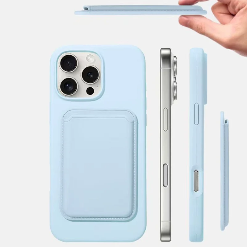 For iPhone 16 Pro Max Magnetic Case Silicone Phone Back Cover Set with Card Holder, Lens Film - Sky Blue