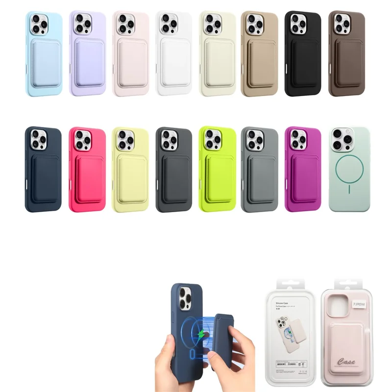 For iPhone 16 Pro Max Magnetic Case Silicone Phone Back Cover Set with Card Holder, Lens Film - Sky Blue