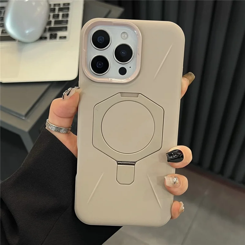 For iPhone 15 Pro Magnetic Case TPU + PC Rhombus Kickstand Phone Back Cover - Beige