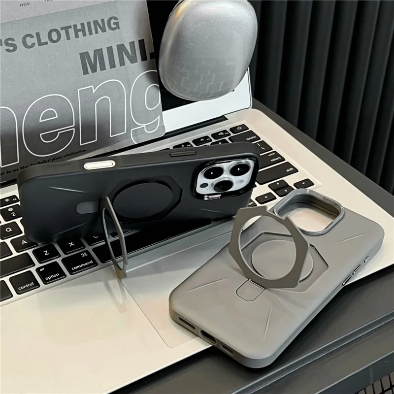 For iPhone 15 Pro Magnetic Case TPU + PC Rhombus Kickstand Phone Back Cover - Beige