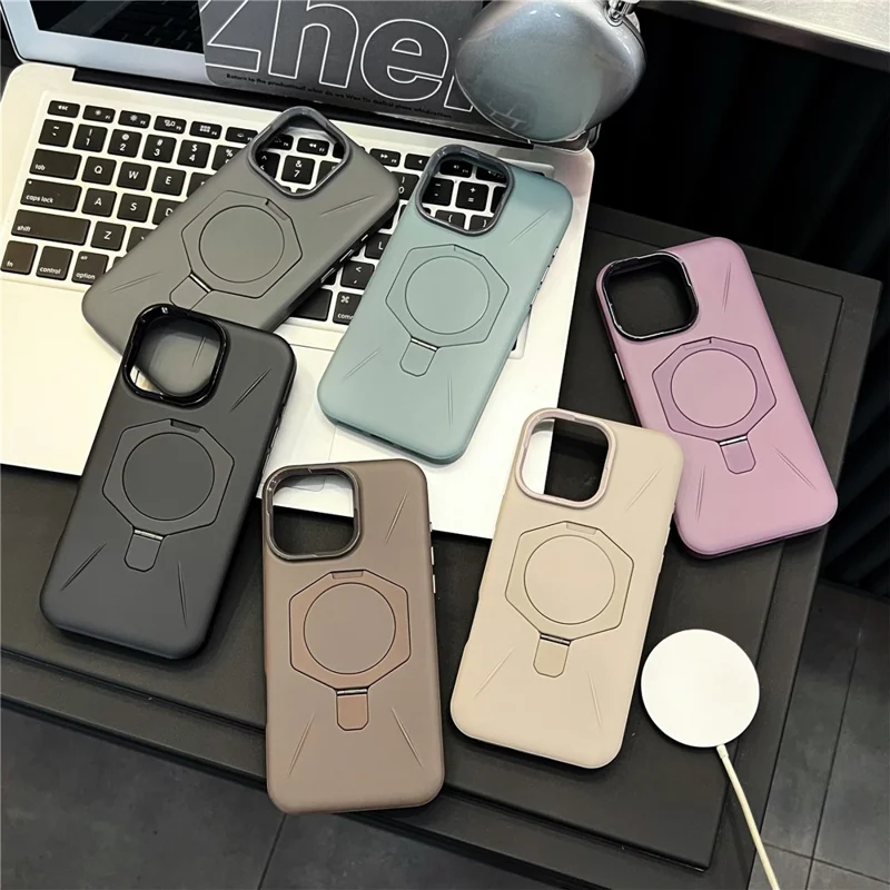 For iPhone 15 Pro Magnetic Case TPU + PC Rhombus Kickstand Phone Back Cover - Beige