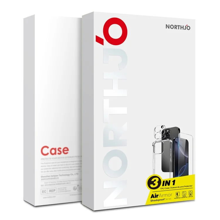 NORTHJO Para iPhone 15 Capa Transparente à Prova de Choque Capa TPU com Vidro Temperado e Película de Lente de Câmera