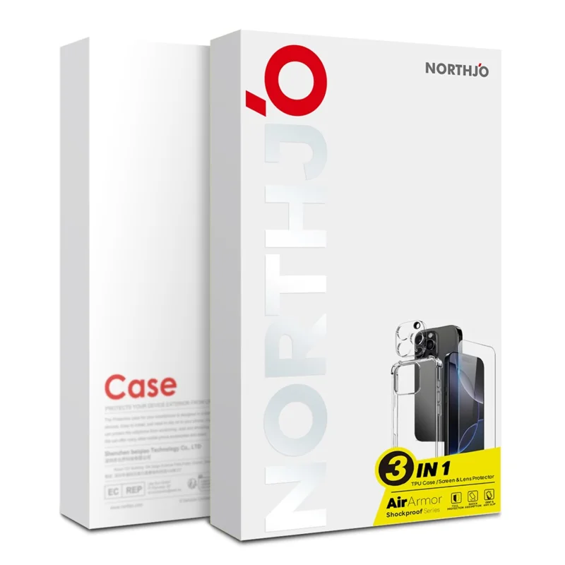 NORTHJO per iPhone 15 Pro Cover Trasparente Antiurto in TPU con Vetro Temperato e Pellicola Protettiva per Obiettivo Fotocamera