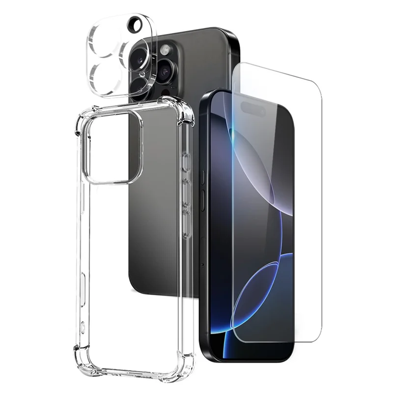 NORTHJO For iPhone 16 Pro Max Clear Case Shockproof TPU Cover with Tempered Glass and Camera Lens Film