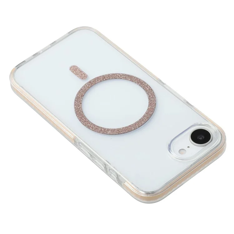 Für iPhone 16e Hülle Kompatibel mit MagSafe Glitzer Ring TPU + Acryl Transparente Handyhülle mit Luftkissenpolsterung - Roségold