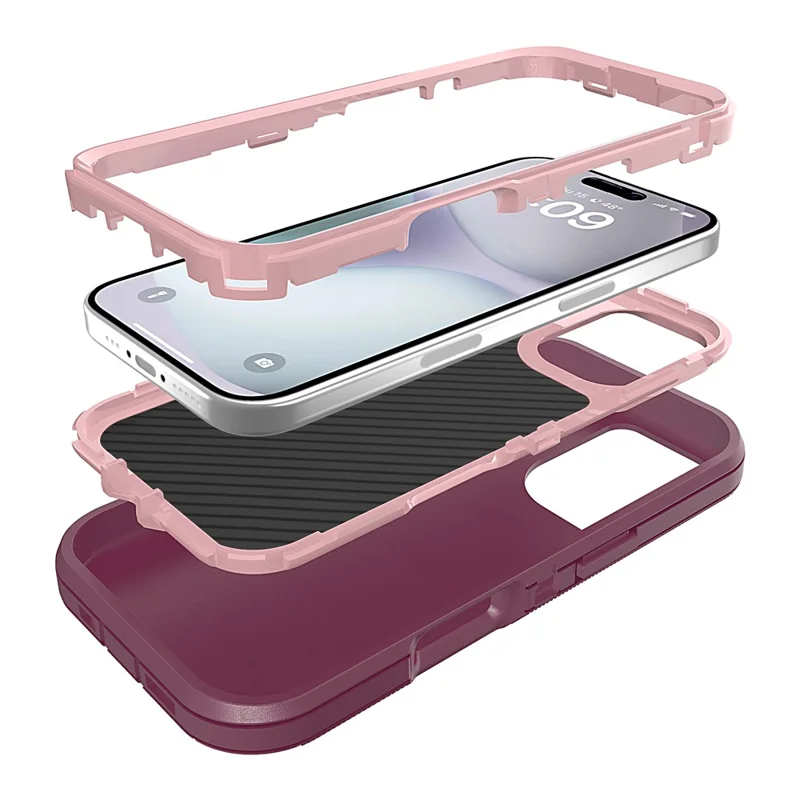 For iPhone 16 Case 3 in 1 Detachable Shockproof Anti Slip TPU + PC Phone Back Cover - Pink  /  Purple Red