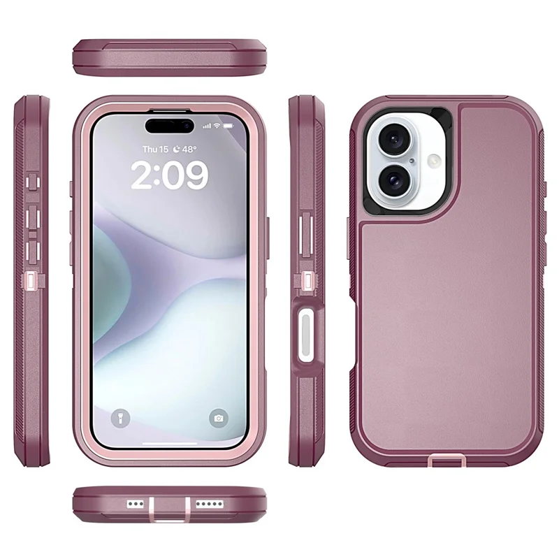 For iPhone 16 Case 3 in 1 Detachable Shockproof Anti Slip TPU + PC Phone Back Cover - Pink  /  Purple Red