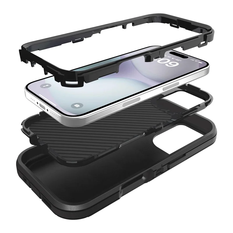 For iPhone 16 Case 3 in 1 Detachable Shockproof Anti Slip TPU + PC Phone Back Cover - Black