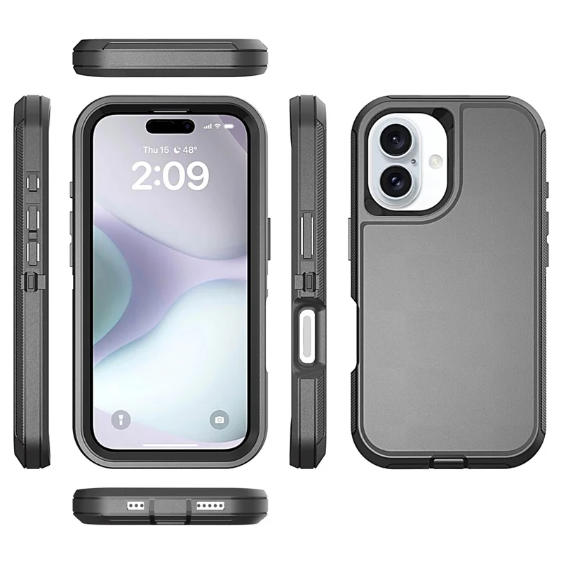 For iPhone 16 Case 3 in 1 Detachable Shockproof Anti Slip TPU + PC Phone Back Cover - Black