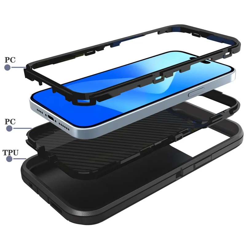 For iPhone 15 Pro Max Case 3 in 1 Detachable Shockproof Anti Slip TPU + PC Phone Back Cover - Black