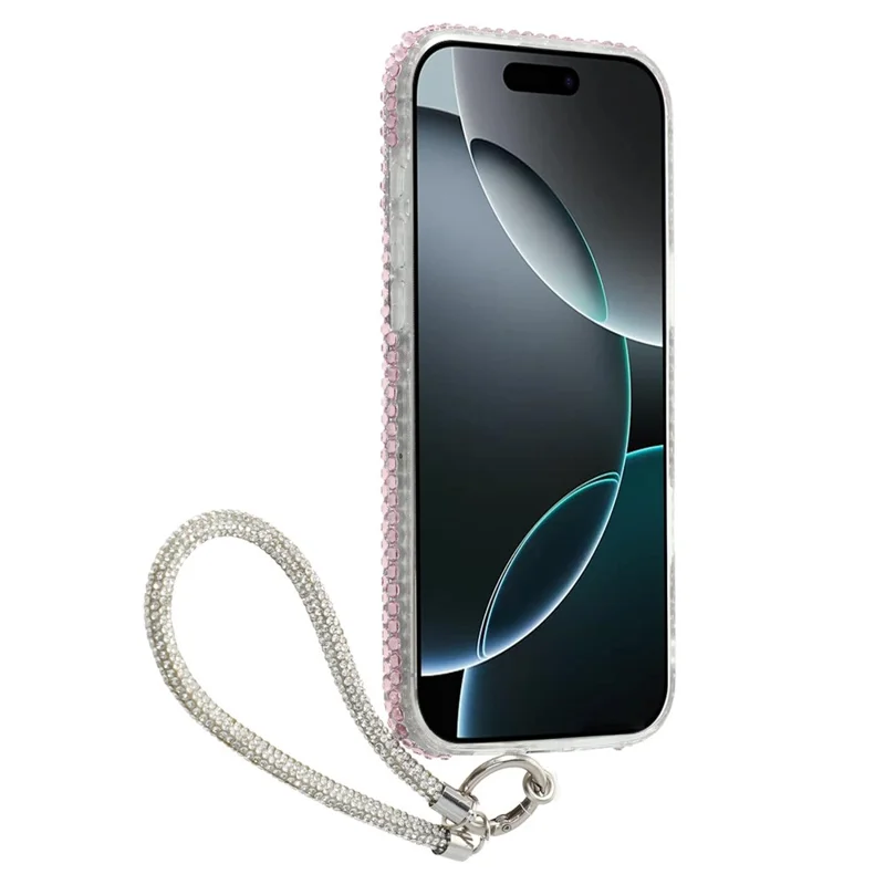 For iPhone 16 Pro Case with Strap Full Rhinestone Lip Decor TPU + PC Phone Back Cover - Pink