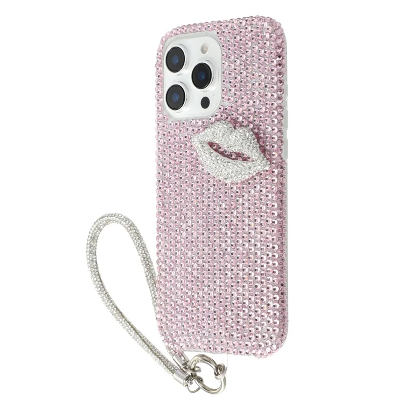 For iPhone 16 Pro Case with Strap Full Rhinestone Lip Decor TPU + PC Phone Back Cover - Pink