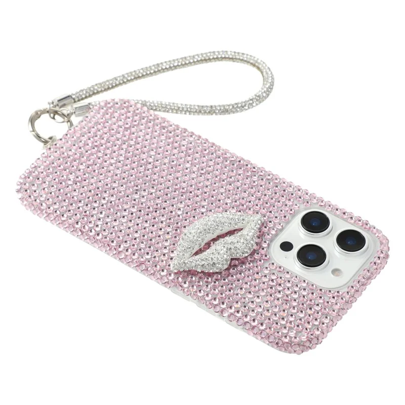 For iPhone 16 Pro Case with Strap Full Rhinestone Lip Decor TPU + PC Phone Back Cover - Pink