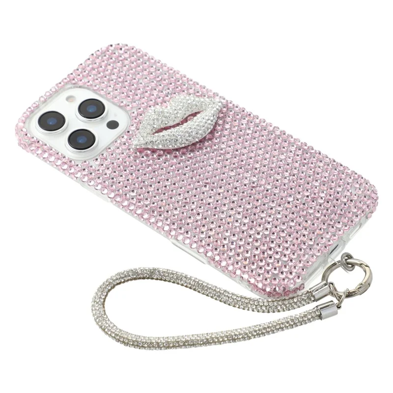 For iPhone 16 Pro Case with Strap Full Rhinestone Lip Decor TPU + PC Phone Back Cover - Pink