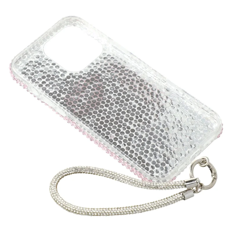 For iPhone 16 Pro Case with Strap Full Rhinestone Lip Decor TPU + PC Phone Back Cover - Pink