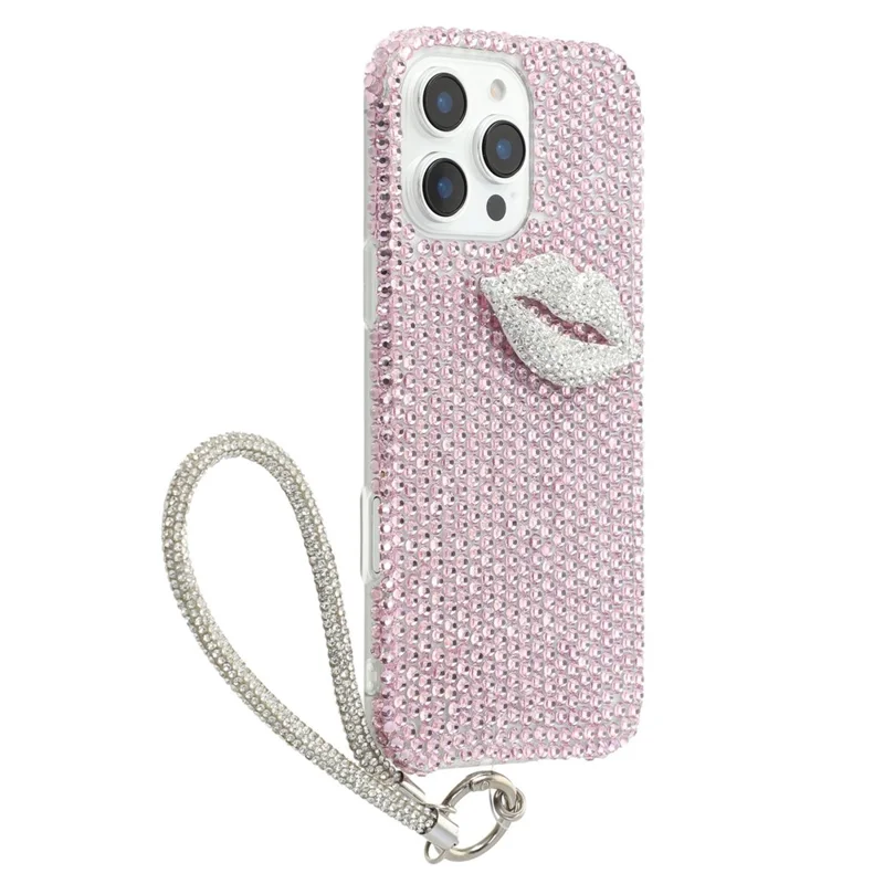 For iPhone 16 Pro Max Case with Strap Full Rhinestone Lip Decor TPU + PC Phone Back Cover - Pink