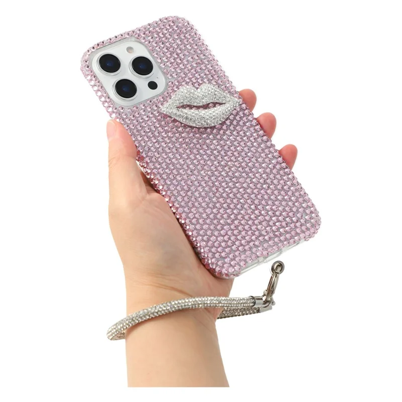 For iPhone 16 Pro Max Case with Strap Full Rhinestone Lip Decor TPU + PC Phone Back Cover - Pink
