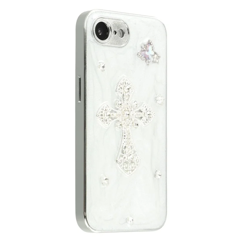 For iPhone 16e Case Electroplated Epoxy Metal Decor TPU + Acrylic Phone Cover Precise Cutouts - Rhinestone Cross