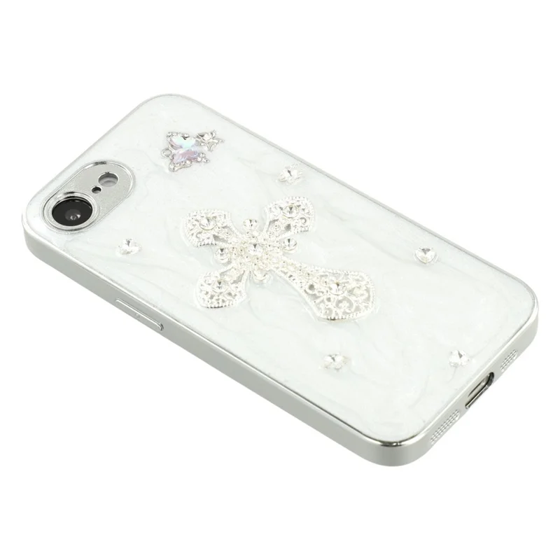 For iPhone 16e Case Electroplated Epoxy Metal Decor TPU + Acrylic Phone Cover Precise Cutouts - Rhinestone Cross