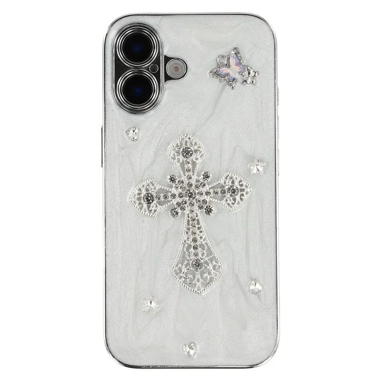 Für iPhone 16 Hülle Galvanisierte Epoxid-Metall-Deko TPU + Acryl Handyhülle mit präzisen Ausschnitten - Strass-Kreuz
