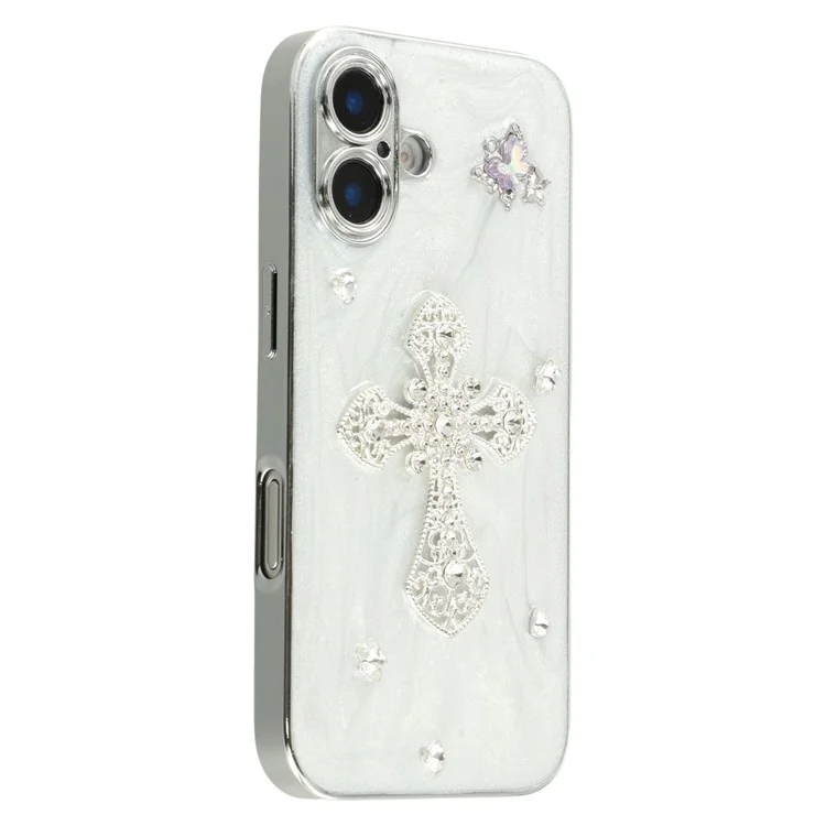 Für iPhone 16 Hülle Galvanisierte Epoxid-Metall-Deko TPU + Acryl Handyhülle mit präzisen Ausschnitten - Strass-Kreuz