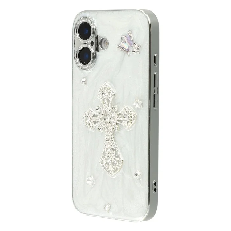 Für iPhone 16 Hülle Galvanisierte Epoxid-Metall-Deko TPU + Acryl Handyhülle mit präzisen Ausschnitten - Strass-Kreuz