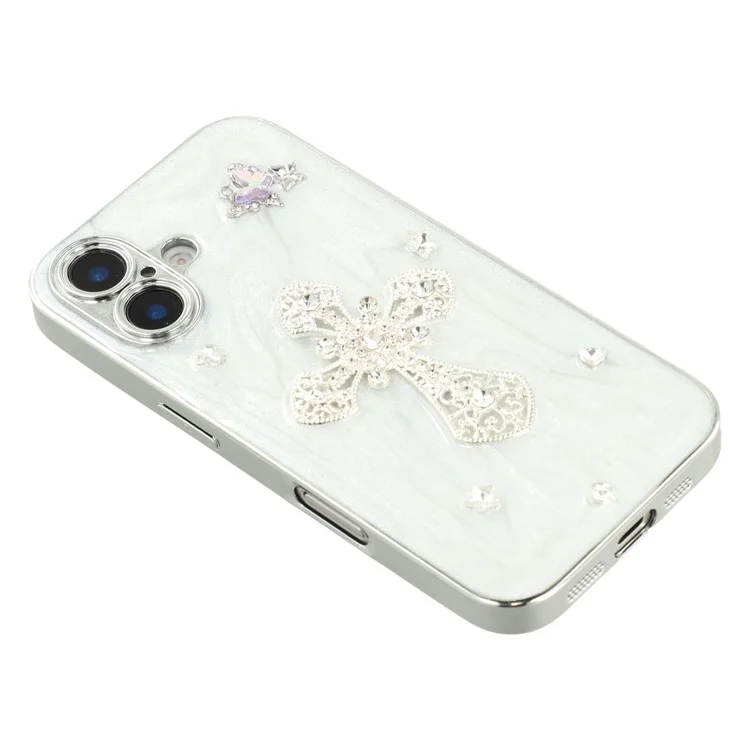 Für iPhone 16 Hülle Galvanisierte Epoxid-Metall-Deko TPU + Acryl Handyhülle mit präzisen Ausschnitten - Strass-Kreuz