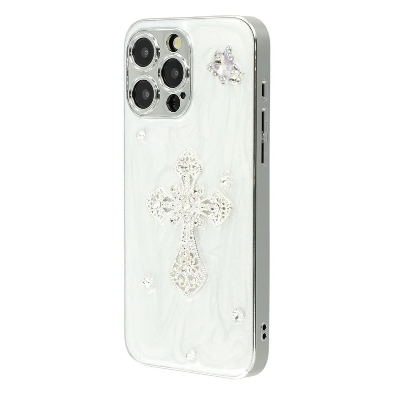 For iPhone 15 Pro Max Case Electroplated Epoxy Metal Decor TPU + Acrylic Phone Cover Precise Cutouts - Rhinestone Cross