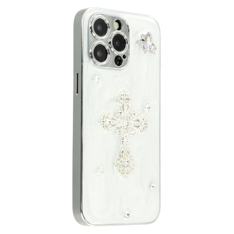 For iPhone 15 Pro Max Case Electroplated Epoxy Metal Decor TPU + Acrylic Phone Cover Precise Cutouts - Rhinestone Cross